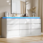 9 Drawer Dresser for Bedroom, 63" Long White Chest of Drawers with Charging Station & LED Lights, Curved Profile Design,Wooden Closet Storage Cabinet,Modern Dresser TV Stand with Deep Drawers