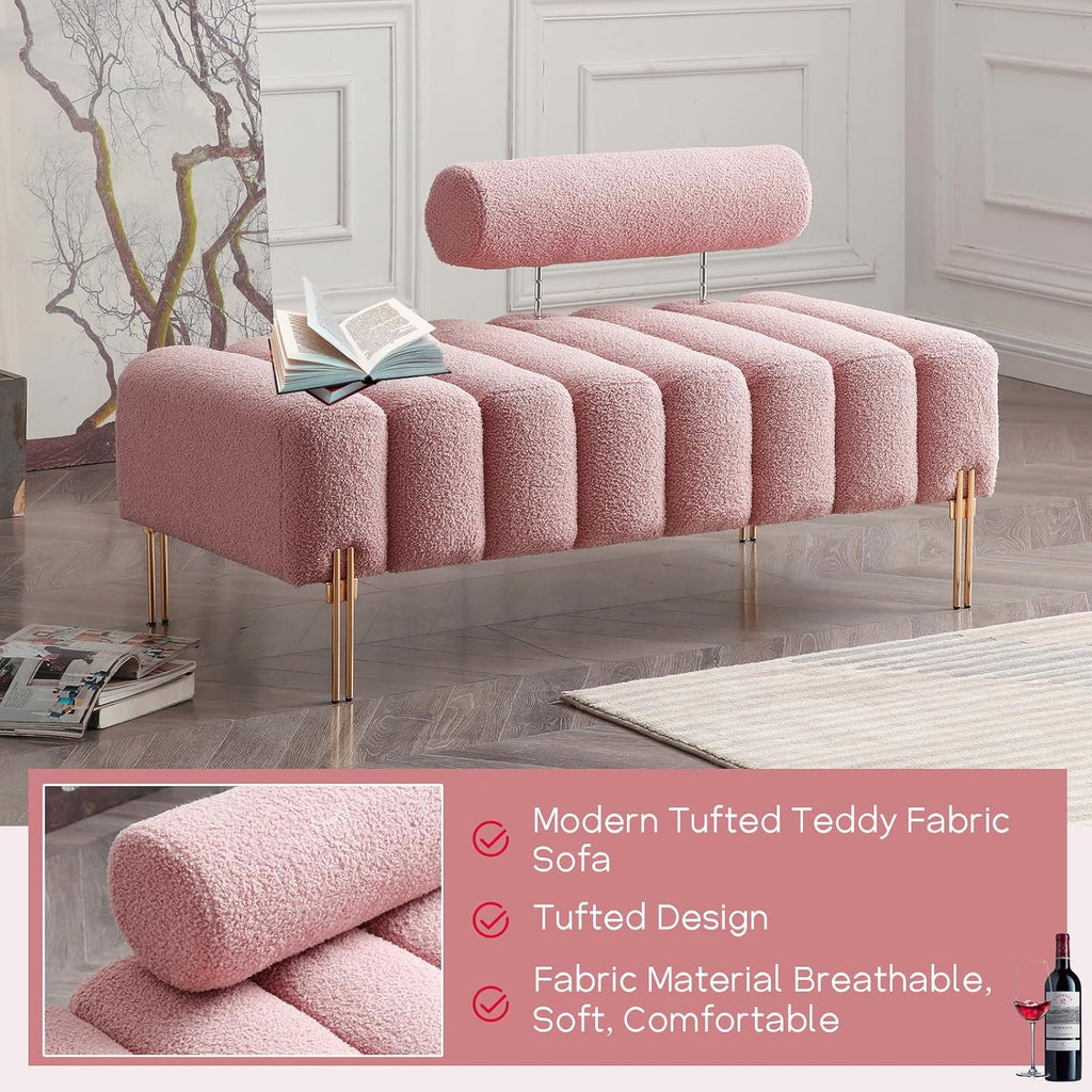 NIOIIKIT 53.2" Modern Loveseat Sofa Couch, Upholstered Accent Sofa with Golden Legs and Adjustable Backrest, Small Teddy Fleece Couches for Bedroom, Living Room, Compact Small Space (Pink Teddy)