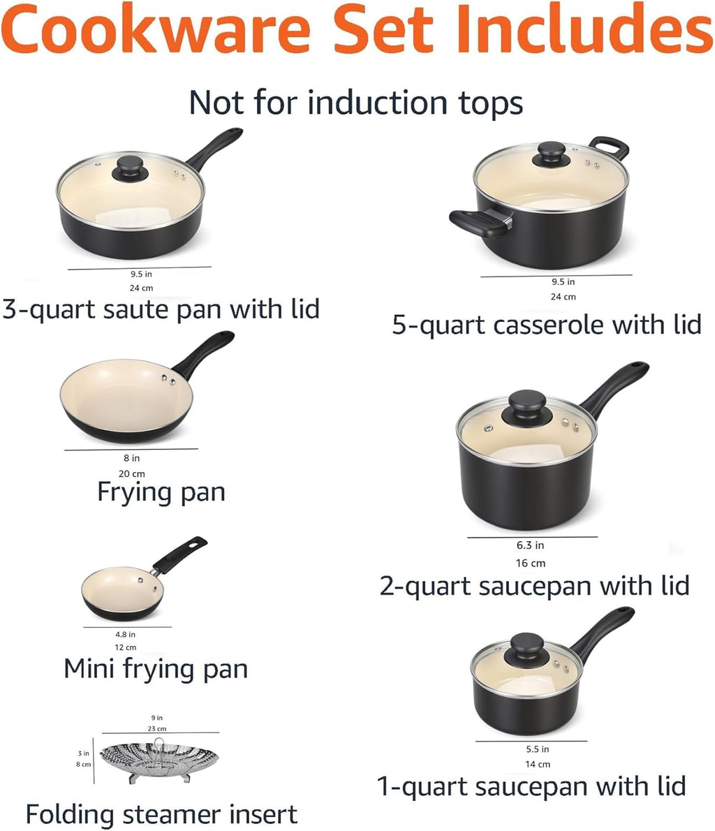 Amazon Basics 11-Piece Ceramic Non-Stick Pots and Pans Set, Dishwasher & Oven Safe, Easy Clean, Glass Lids, Black/Cream
