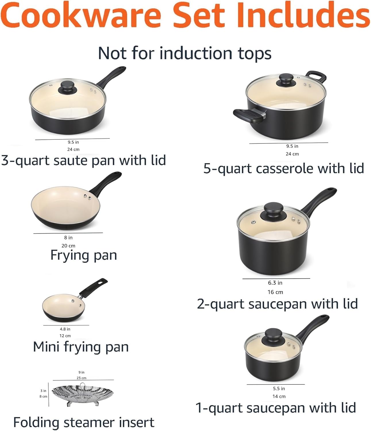 Amazon Basics 11-Piece Ceramic Non-Stick Pots and Pans Set, Dishwasher & Oven Safe, Easy Clean, Glass Lids, Black/Cream