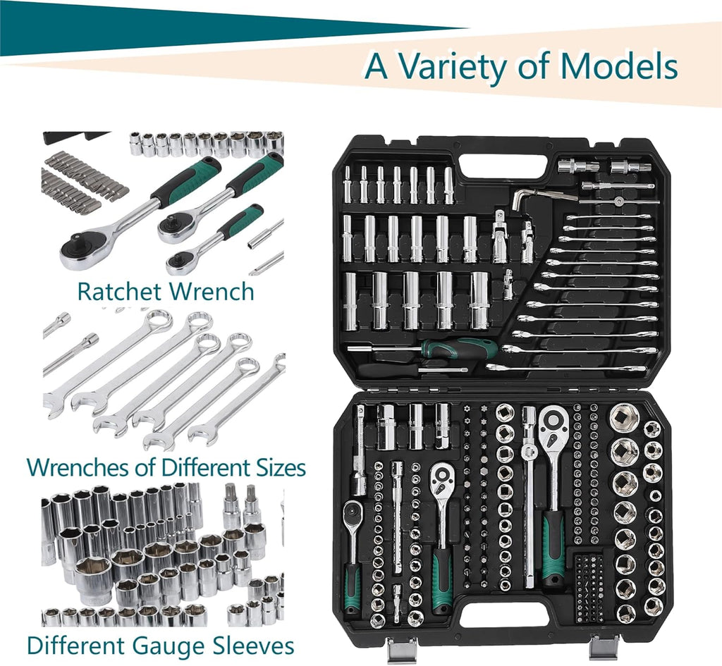 216-Piece Mechanics Tool Set, 1/4", 3/8" & 1/2" Drive Socket Set, 72-Tooth Ratchet Wrench Set for Auto Repair & Home Maintenance, with Durable Organized Carrying Case