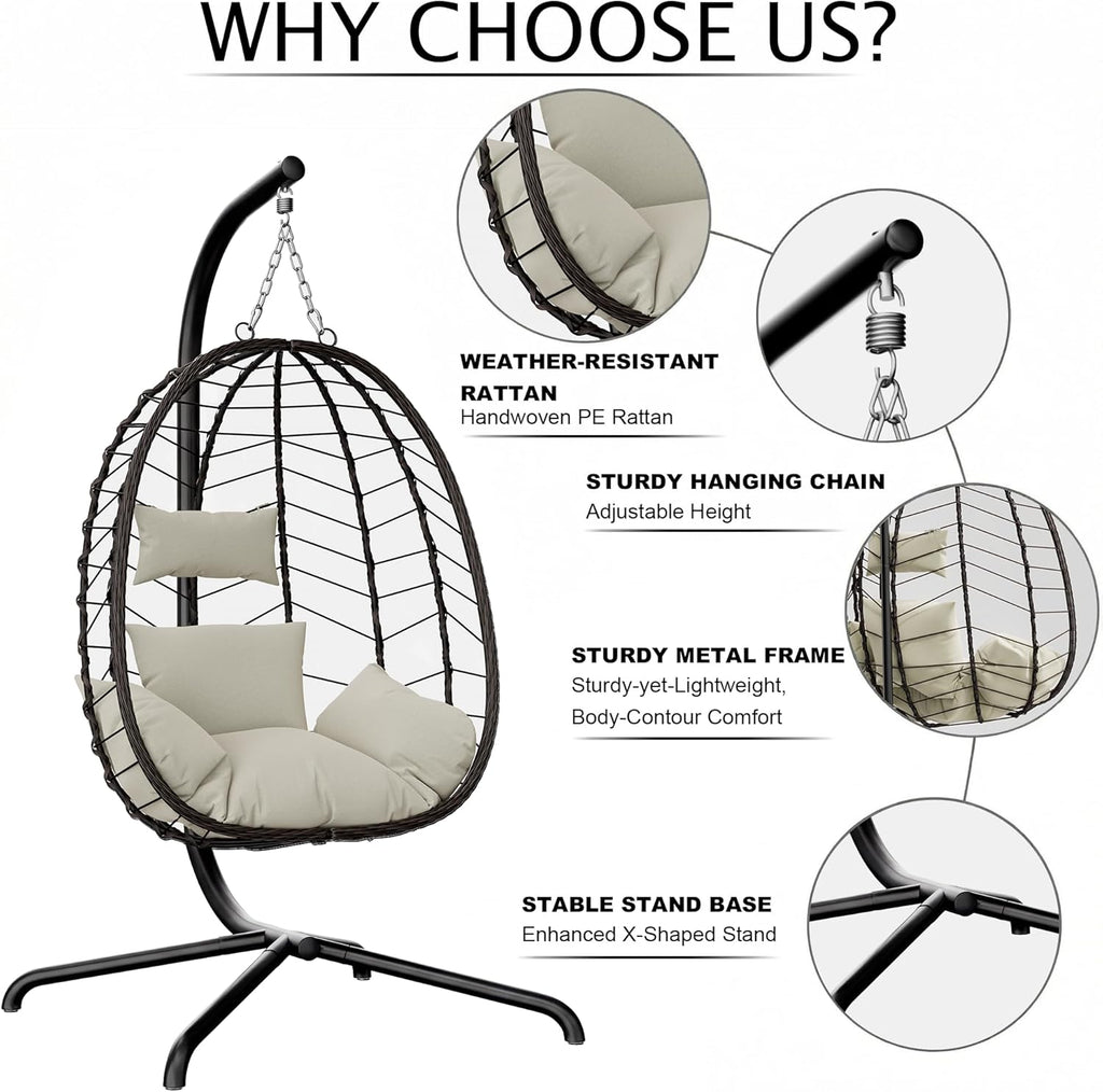 LEX CRAFT Hanging Egg Chair with Stand, Swinging Egg Chair Outdoor Indoor, Hanging Basket Chair with Cushion, Patio Wicker Hammock Chair 350lbs Capacity for Porch, Balcony, Backyard, Garden (Beige1)