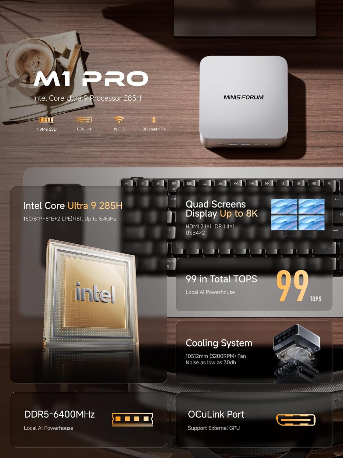 MINISFORUM M1 Pro AI Mini PC Barebone  Intel Core Ultra 9 285H (16C/16T  Up to 5.4Ghz)  99 Tops  Without Storage/OS  2xUSB4/HDMI/DP Quad Display  2.5G LAN  OCuLink  WiFi 7  BT5.4  Arc 140T GPU