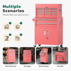 Greenvelly Tool Chest, 8-Drawer Rolling Tool Chest with Wheels, Detachable Top Tool Box, Assembled Tool Chest with Liner & Hooks, Rolling Tool Box for Garage, Workshop, Warehouse, Pink