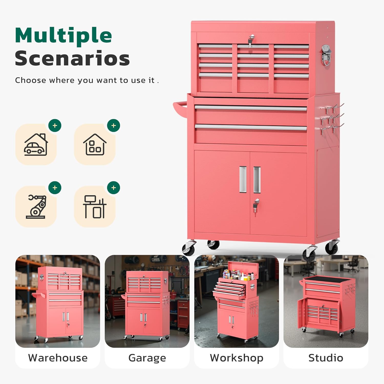 Greenvelly Tool Chest, 8-Drawer Rolling Tool Chest with Wheels, Detachable Top Tool Box, Assembled Tool Chest with Liner & Hooks, Rolling Tool Box for Garage, Workshop, Warehouse, Pink