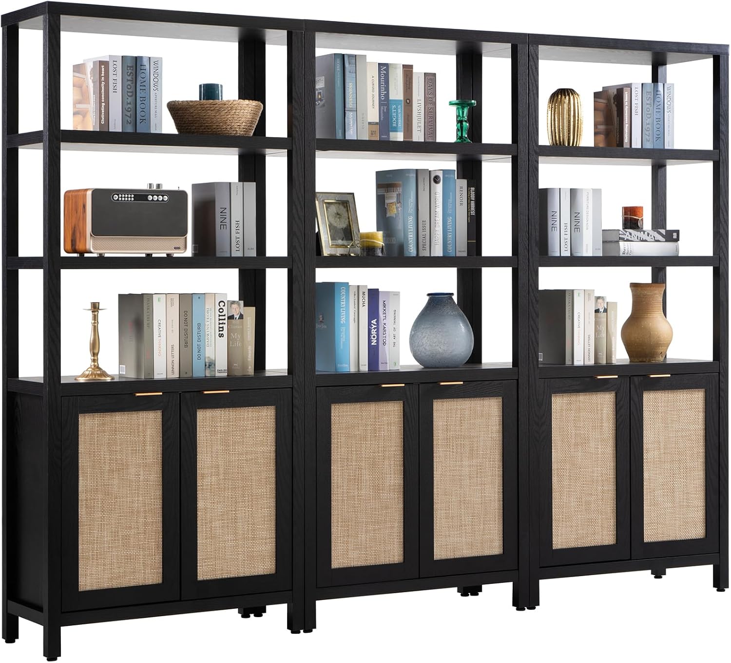 SICOTAS Bookshelf 5 Tier Book Shelf Rattan Boho 71" Tall Bookcase with Doors Storage Shelves Large Bookshelves Farmhouse Bookcases Library Book Case for Living Room Bedroom Home Office Kitchen