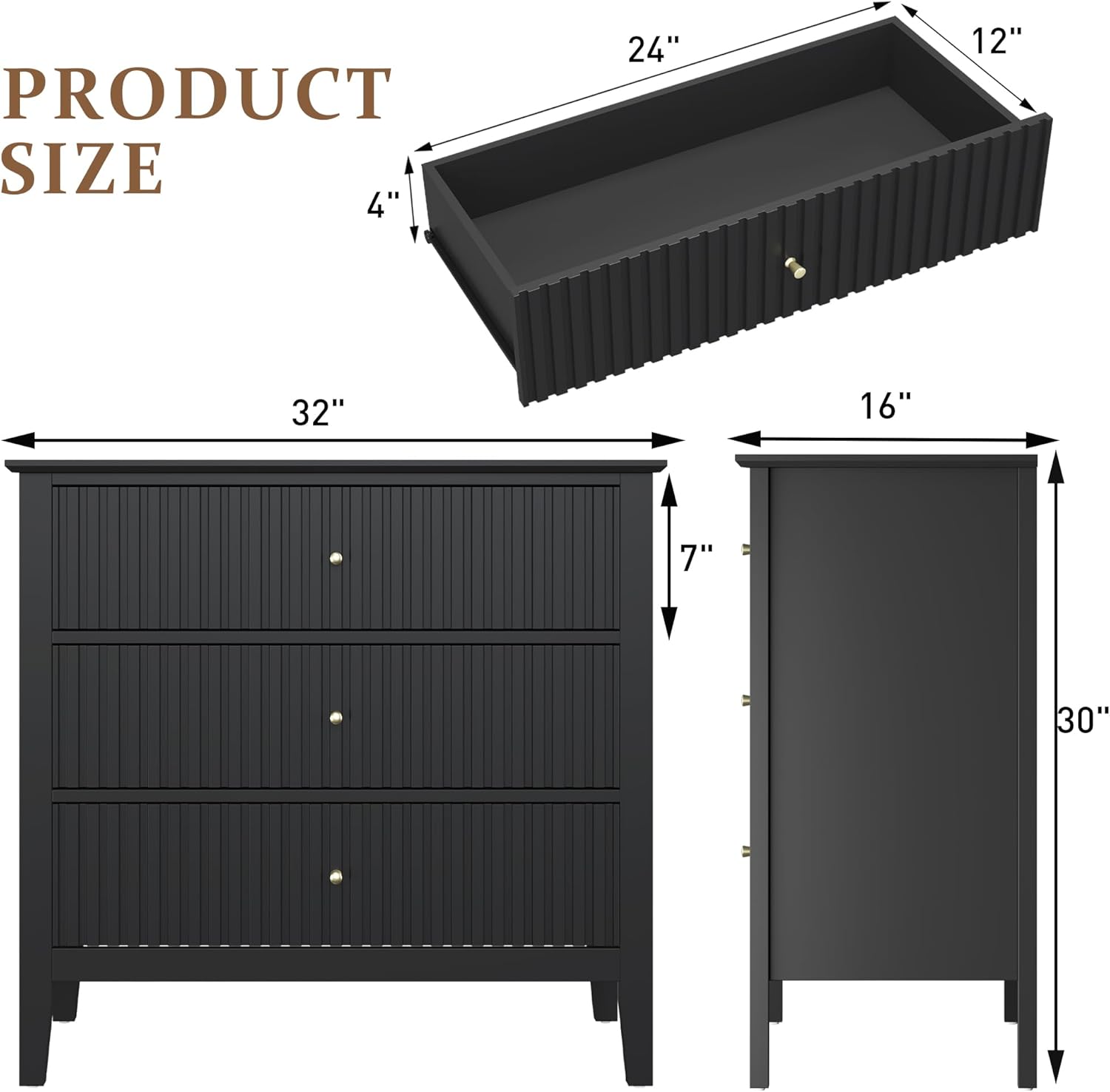 RoyalCraft 32" Large Nightstand Set of 2, Fluted Painted Bedside Table with 3 Spacious Drawers, Modern Tall End Table for Bedroom, Black