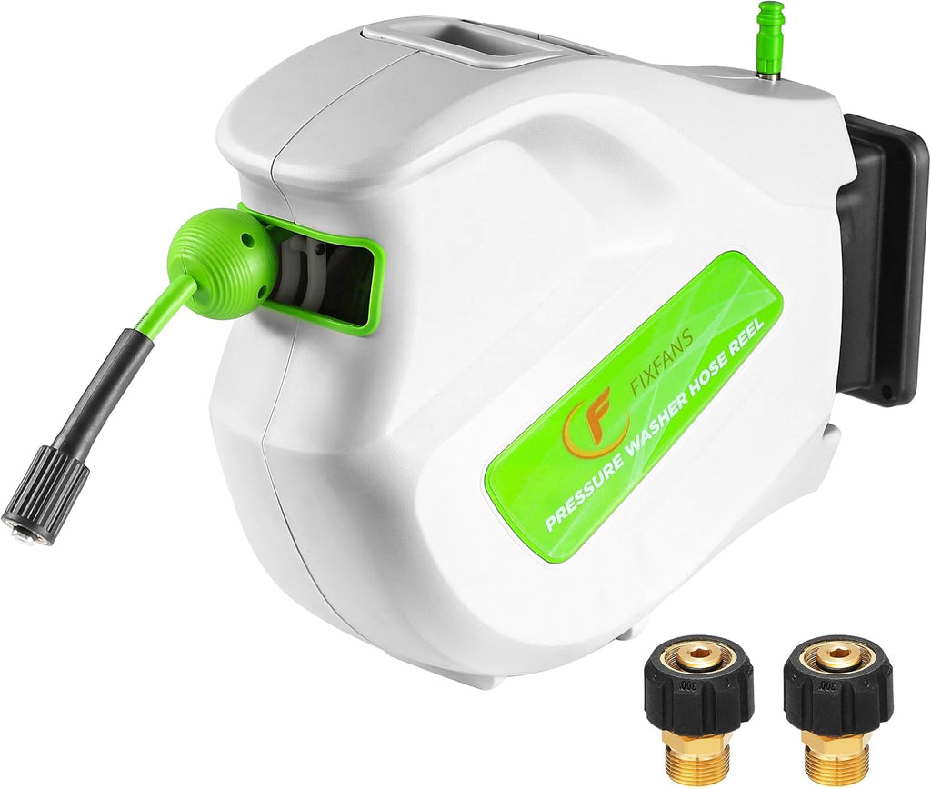 FIXFANS Pressure Washer Hose Reel with Hose, 1/4" × 65ft Retractable Power Washer Reel with Hidden Handle, Wall Mounted High Pressure Hose Reel Auto Rewind, 3600 PSI
