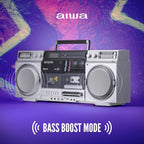 aiwa Retro Boombox CD Player with Cassette Recording  Bluetooth 5.0  FM/AM Radio  USB/SD/AUX Inputs  VU Meters  LCD Display  Dual 40W Speakers - Silver