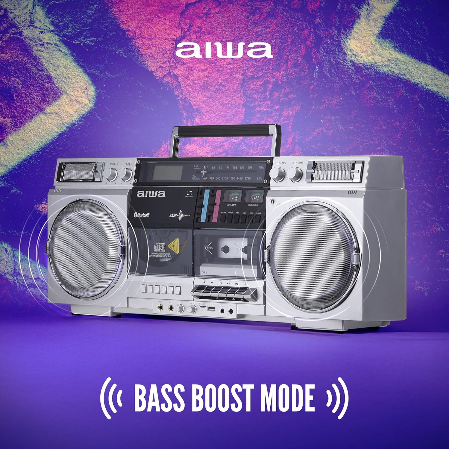 aiwa Retro Boombox CD Player with Cassette Recording  Bluetooth 5.0  FM/AM Radio  USB/SD/AUX Inputs  VU Meters  LCD Display  Dual 40W Speakers - Silver