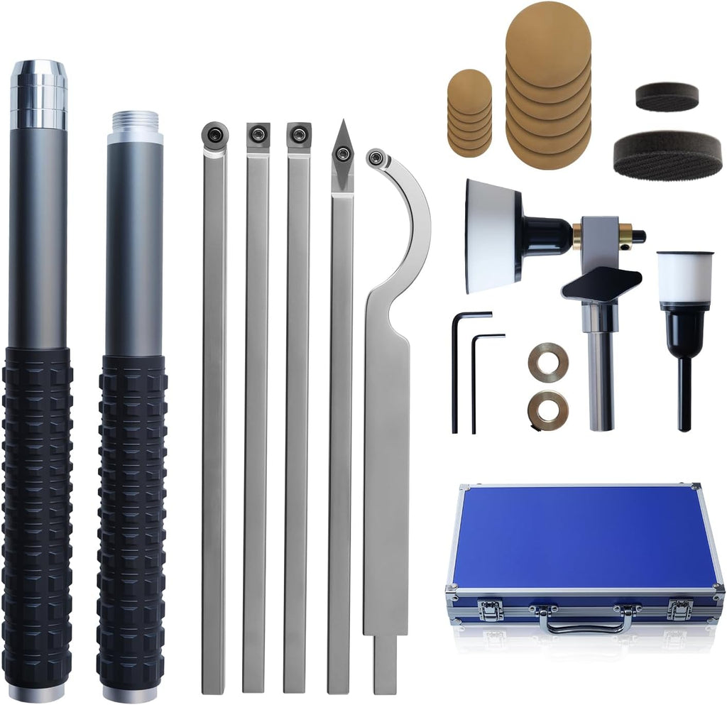 RUITOOL Carbide Wood Lathe Turning Tools Set with Bowl Sander, Including Swan Neck Hollower, Rougher, Finisher, Detailer, 1" & 2" Mandrels, Sandpapers and Aluminum Alloy Handles for Woodturning