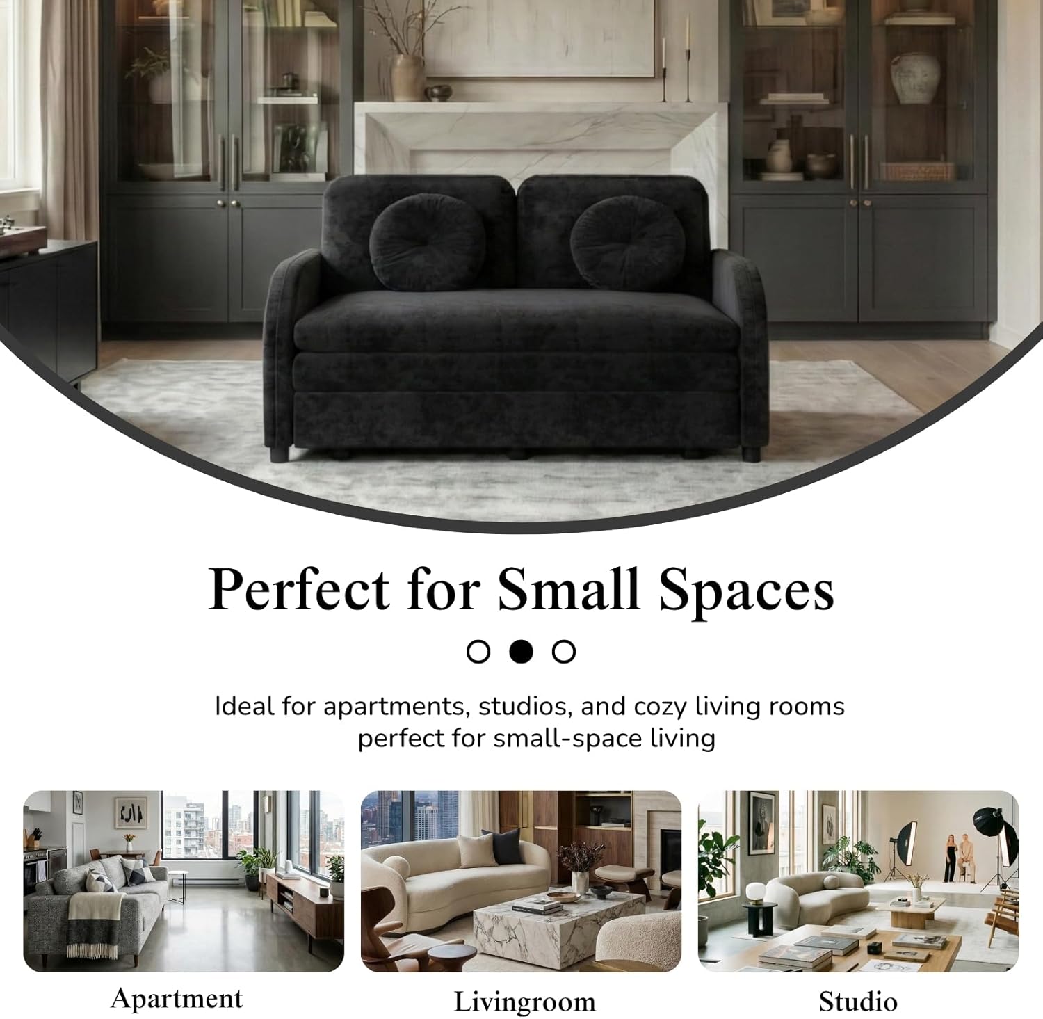 3-in-1 Sleeper Sofa Loveseat with Pull-Out Bed, Chenille Convertible Couch with Double-Layer Cushions, USB Ports & Storage Pockets for Living Room and Apartment (Black, 52.4") | Convertible Sleeper