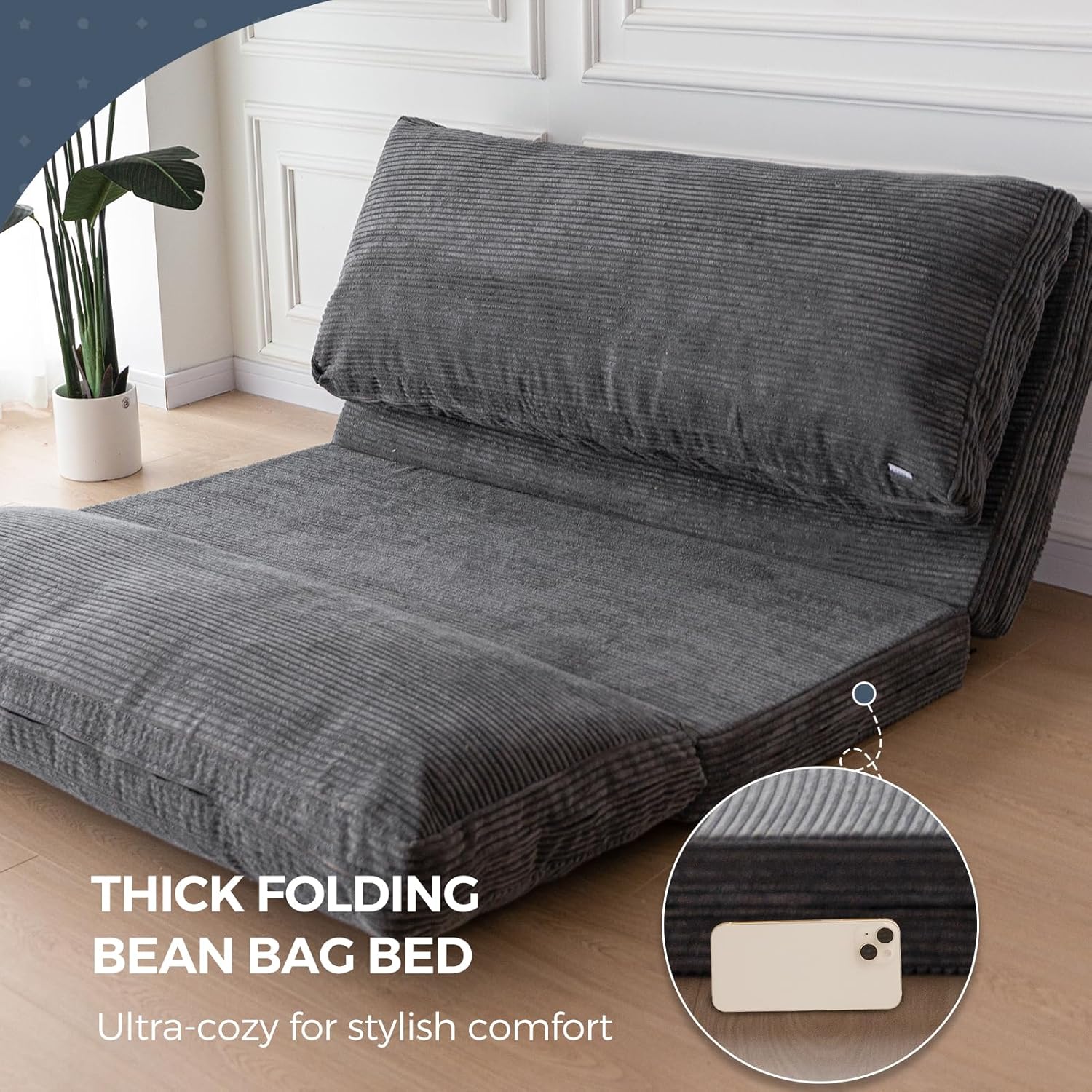 MAXYOYO Folding Sofa Bed, Extra Thick and Long Floor Sofa Convertible Sleeper Chair with Washable Cover, Floor Couch Lounge Bean Bag Bed for Living Room, Dark Grey, 30x95 Inch