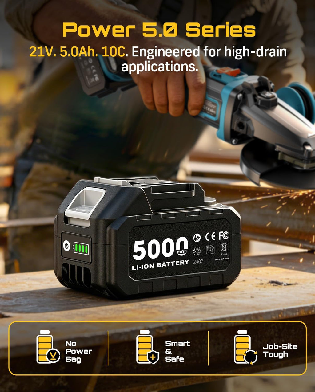 SEESII Flathead Brushless Angle Grinder, 21V Cordless Variable Speed Grinder Kit 5.0Ah Battery+Charger, 4-1/2 to 5" Cut Off Tool, 6-Speed, 20ms Brake+Drop Protection for Metal Cutting, Auto Body, DIY