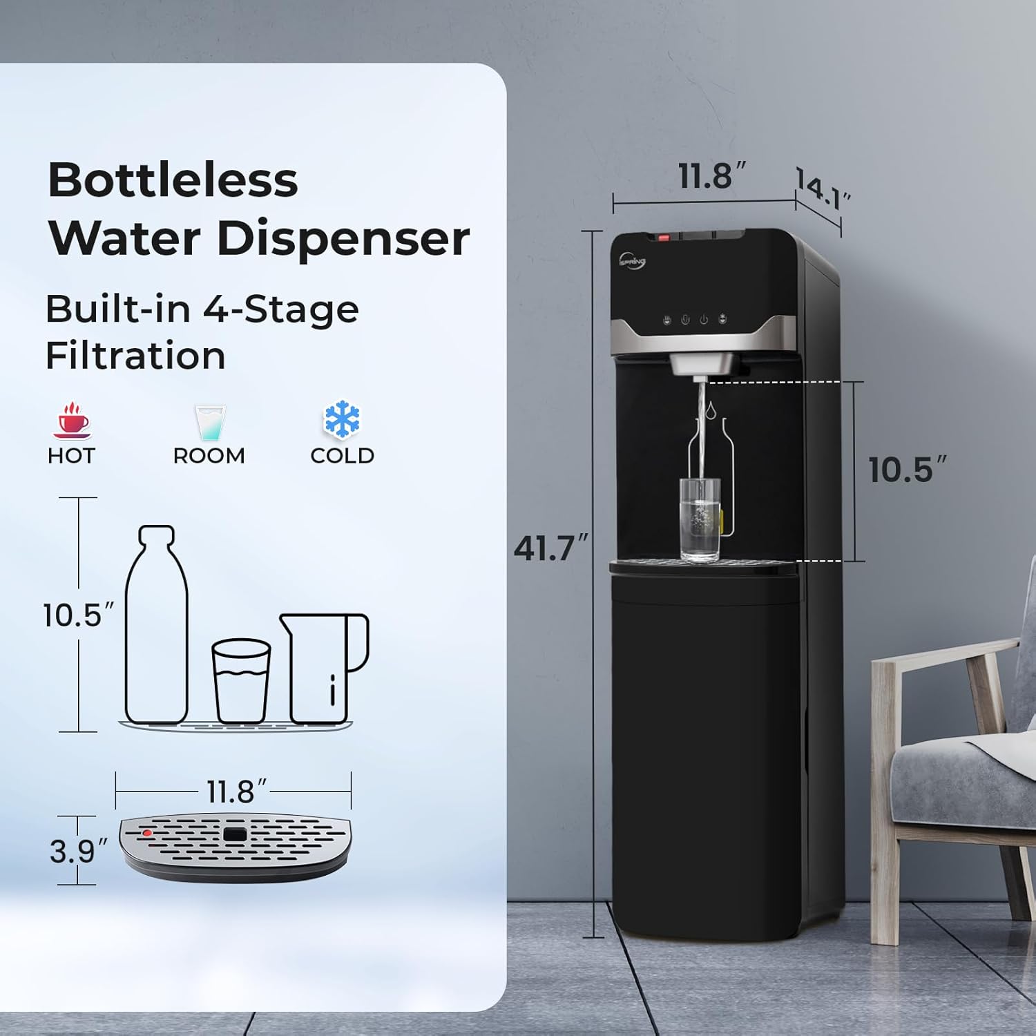iSpring Bottleless Water Dispenser with Built-in 4-Stage Filtration, Hot/Cold/Room Temp, Self Cleaning, Stainless Steel, Model: DS4B