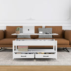 Panana Coffee Table, Lift Top Coffee Table with Hidden Compartment, 2 Drawers and 1 Open Shelf, Retro Central Wooden Table Lift Tabletop for Living Room (White)