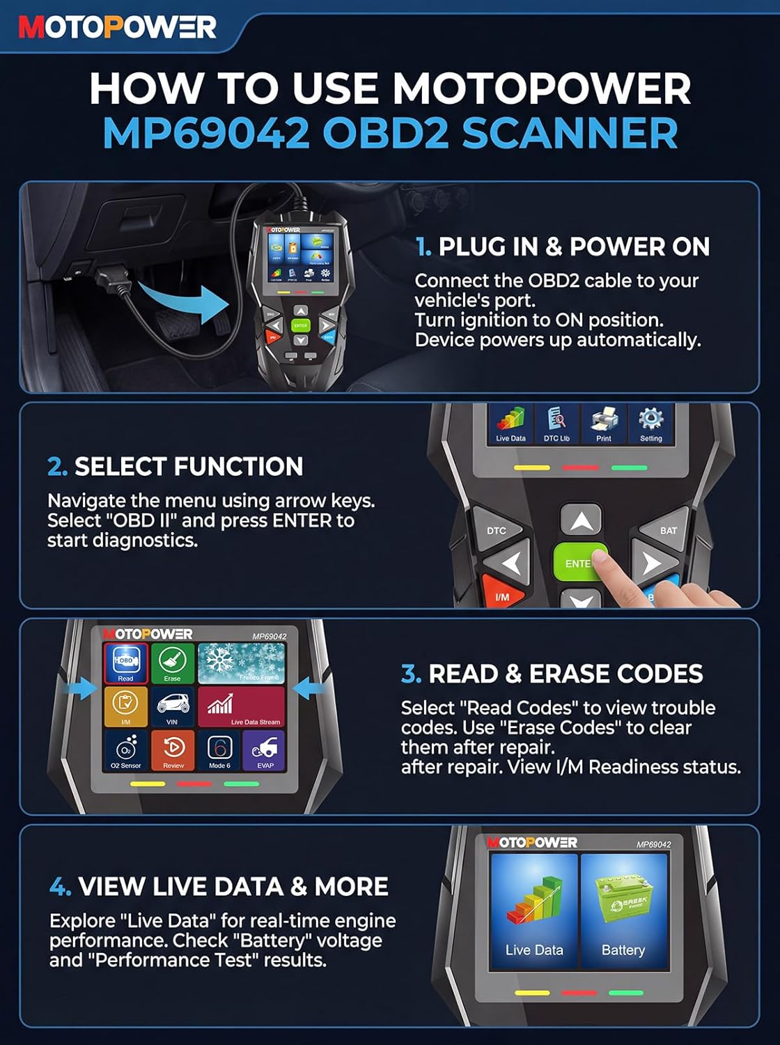 MOTOPOWER 4 in 1 Code Reader Car Diagnostic Scan Tool Oil Maintenance Reset, Battery Test, Performance Test with Lifetime Update