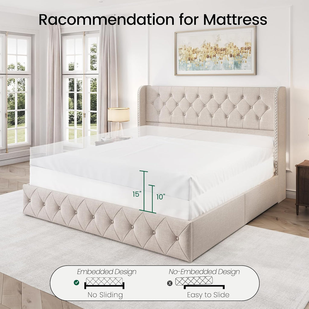 LARMACE King Size Bed Frame with 4 Storage Drawers and Tufted Headboard Linen Upholstered Platform Bed Frame Wingback Beds with Wooden Slats Support, Easy Assembly, Beige
