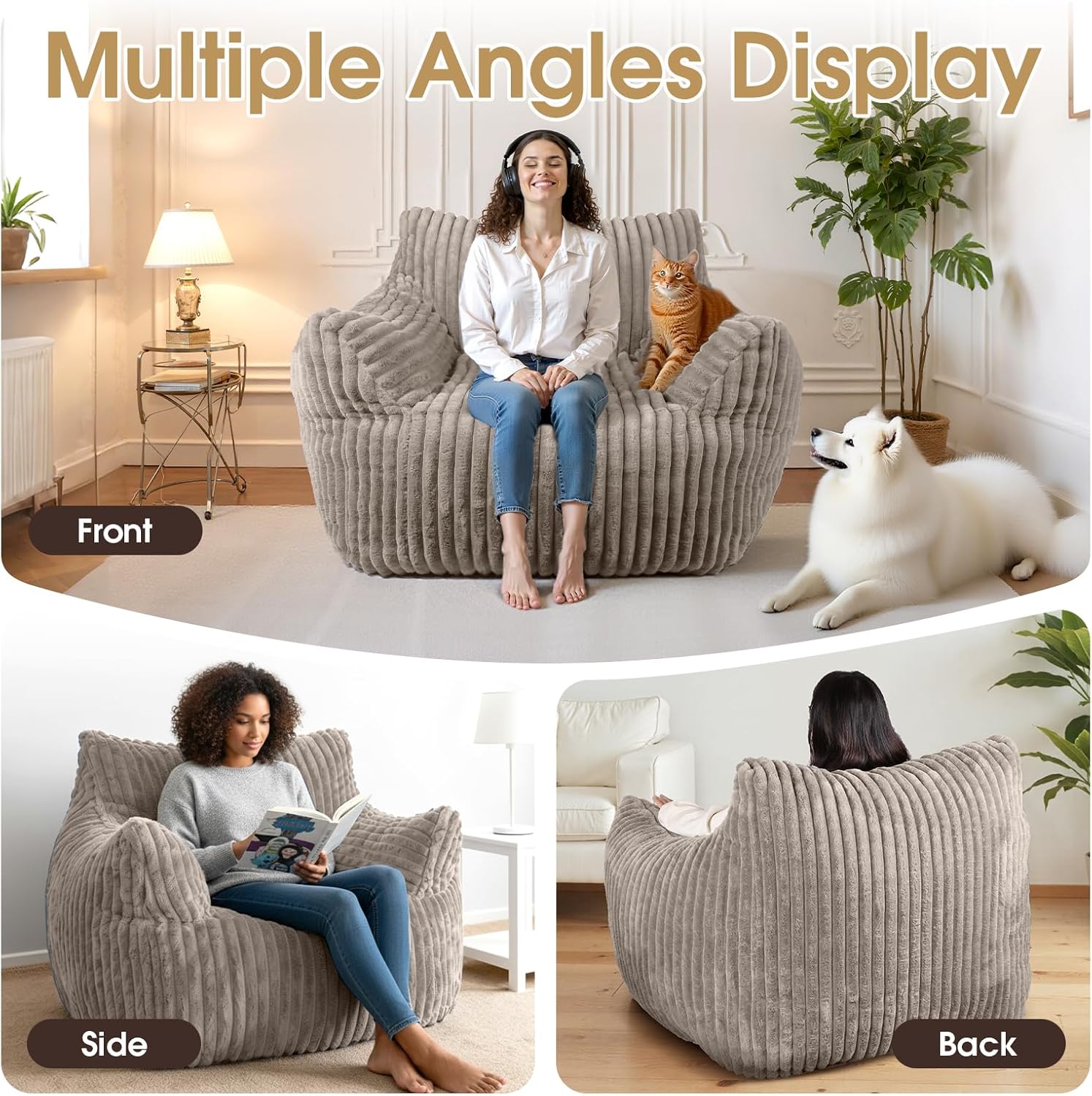 Giant Bean Bag Chair, Oversized Plush Comfy Bean Bag Sofa for Adults and Kids with Armrests, Memory Foam Mini Couch Single Lounges for Living Room, Bedroom & Game Room(Taupe)