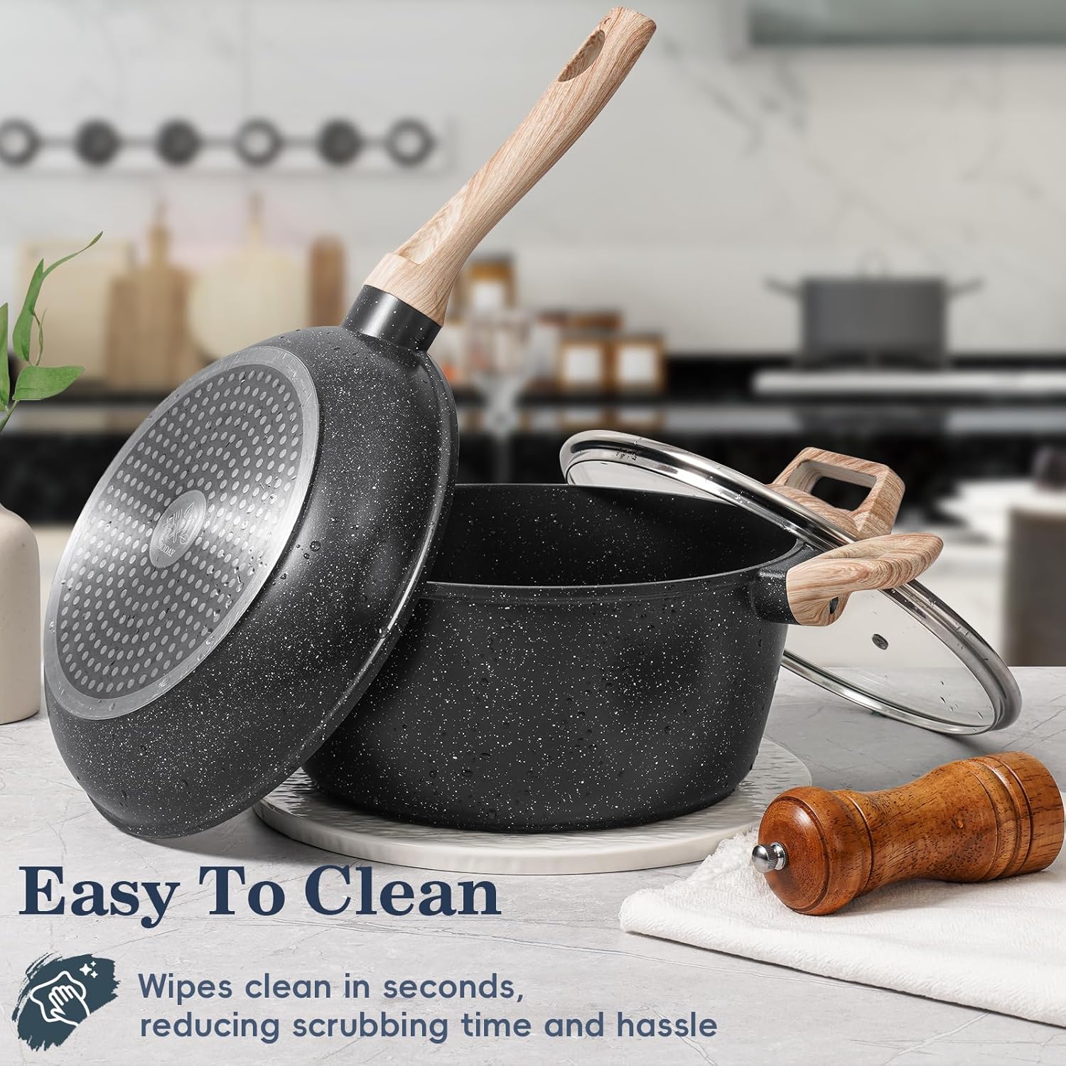 SODAY 12 Pcs Pots and Pans Set Non Stick, Cookware Sets Black Granite Induction Cookware, Non-toxic Healthy Nonstick Kitchen Cooking Set with Frying Pans Set, Saucepans (PFAS/ PFOA/ PFOS Free)
