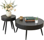 FurSch Modern Farmhouse Round Coffee Table Set of 2, Iron Rattan Nesting Side Table with Hidden Storage Basket for Living Room, Balcony, Patio, Poolside (Black)