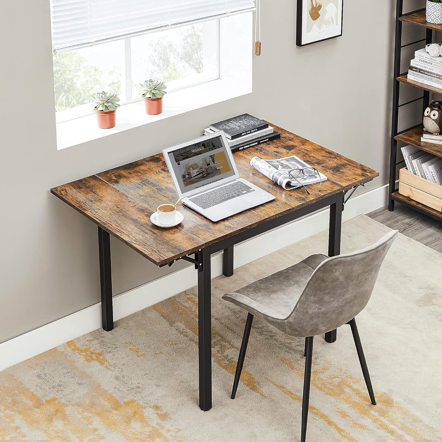 VASAGLE Folding Dining Table, Kitchen Table, Drop Leaf Extendable Table for Small Spaces, Seats 2-4 People, Industrial, Rustic Brown and Black UKDT077B01