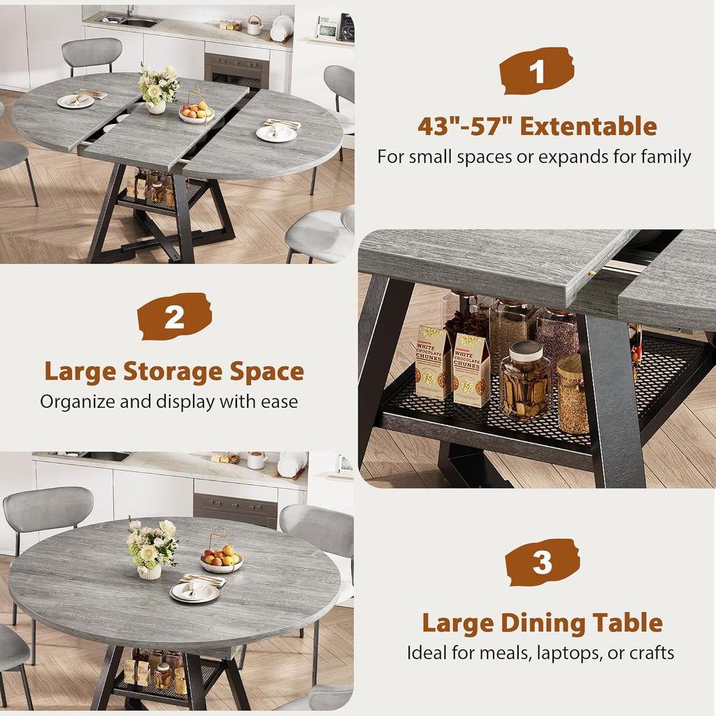 43‘’-57‘’ Extendable Round Dining Table for 4-6, Modern Industrial Kitchen Oval Dining Table with Removable Leaves, Space Saving Pedestal Base with Storage Shelf for Kitchen Living Room (Grey)