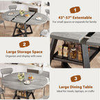43‘’-57‘’ Extendable Round Dining Table for 4-6, Modern Industrial Kitchen Oval Dining Table with Removable Leaves, Space Saving Pedestal Base with Storage Shelf for Kitchen Living Room (Grey)