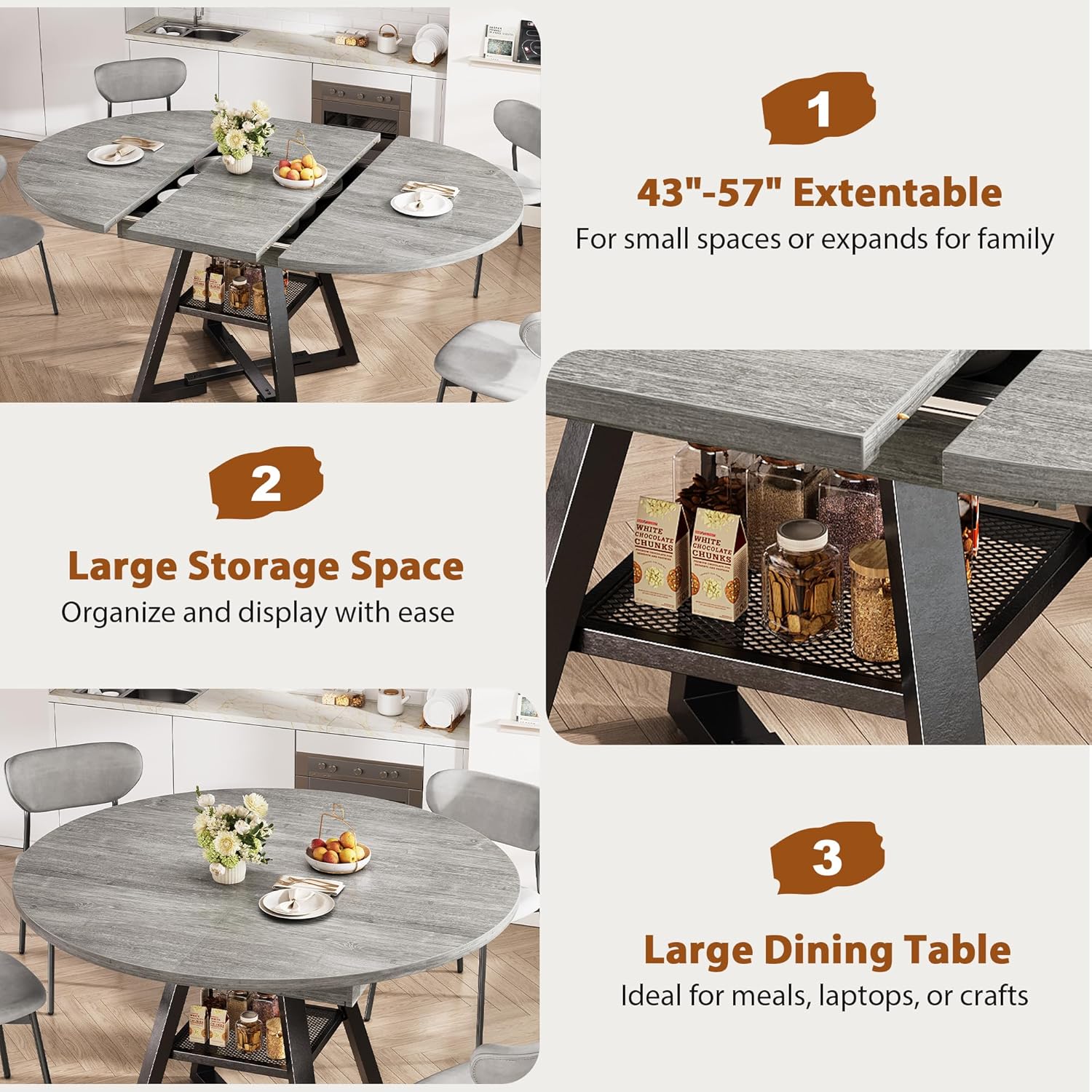 43‘’-57‘’ Extendable Round Dining Table for 4-6, Modern Industrial Kitchen Oval Dining Table with Removable Leaves, Space Saving Pedestal Base with Storage Shelf for Kitchen Living Room (Grey)