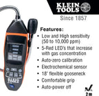 Klein Tools ET120 Gas Leak Detector, Combustible Gas Leak Tester with 18-Inch Gooseneck Has Range 50-10,000 ppm, Includes Pouch, Batteries