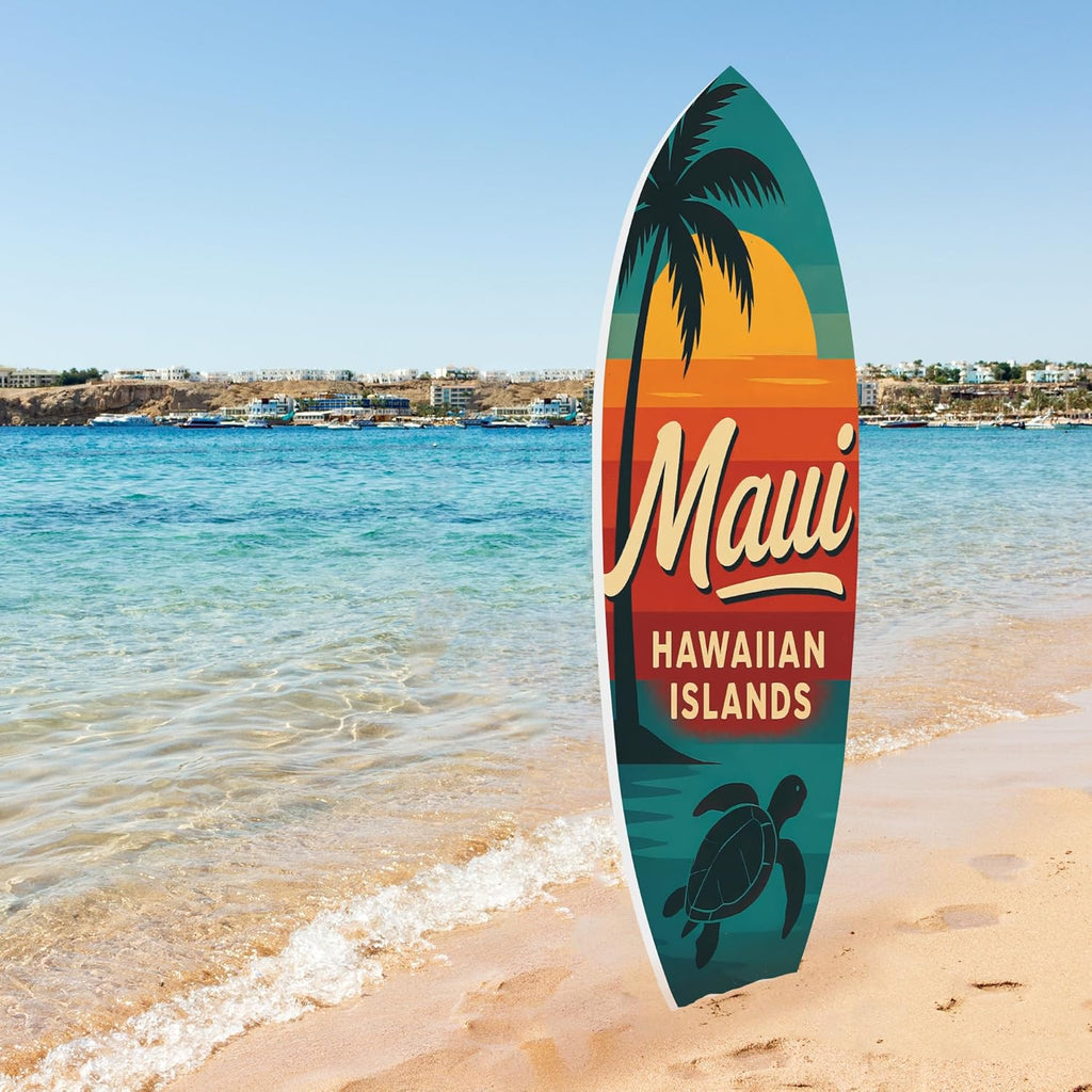 JennyGems Outdoor Surfboard Wall Art - Maui Hawaiian Islands Sign with Palm Tree Sea Turtle, Coastal Beach House Decor Weatherproof PVC, 3 Foot