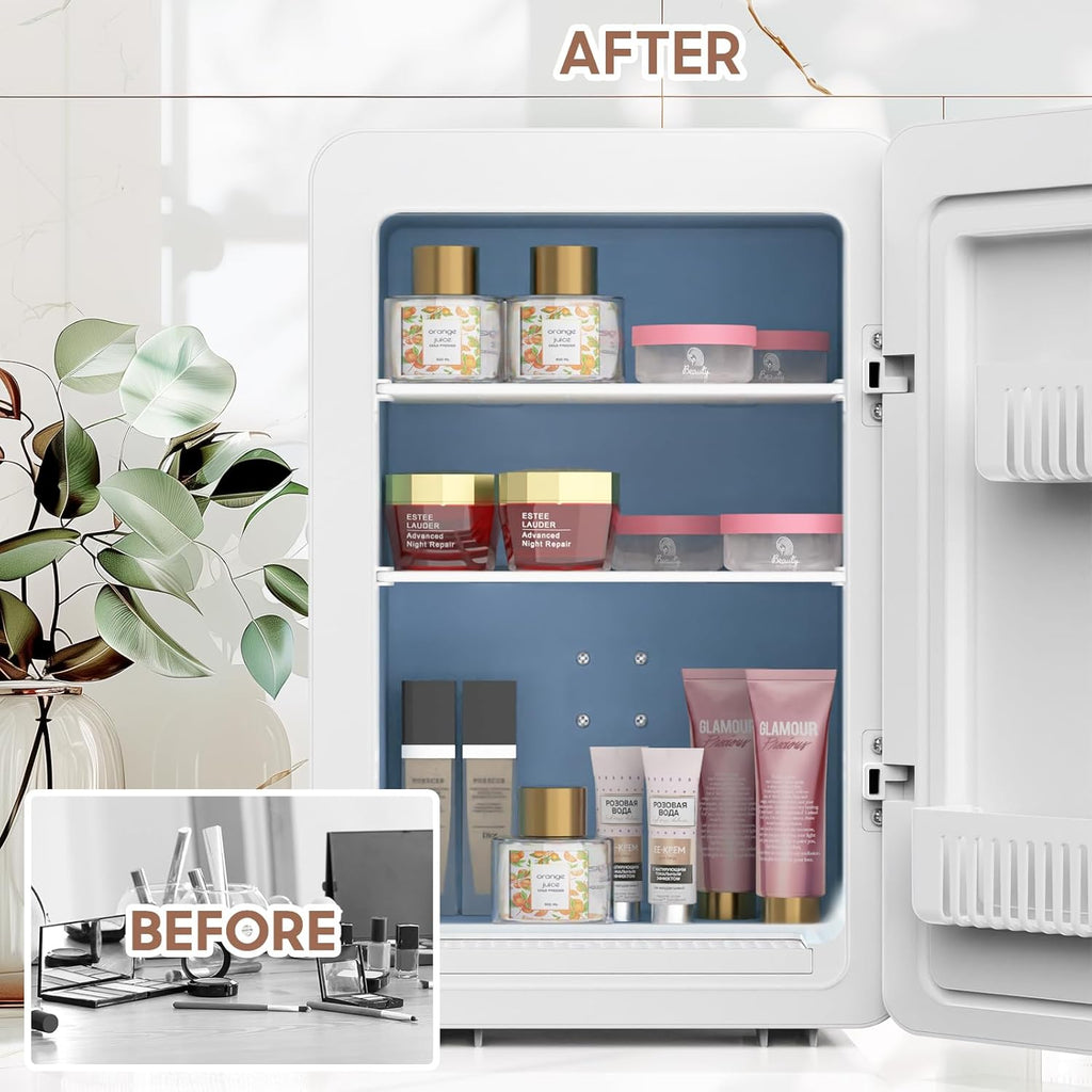 Kikihouse 20L Mini Skincare Fridge with Mirror & LED Lighting, 3-Mode Dimmable, Cooler & Warmer with Drip Tray for Makeup, Cosmetic, Beauty Fridge for Bedroom, Vanity, Car & Home Use