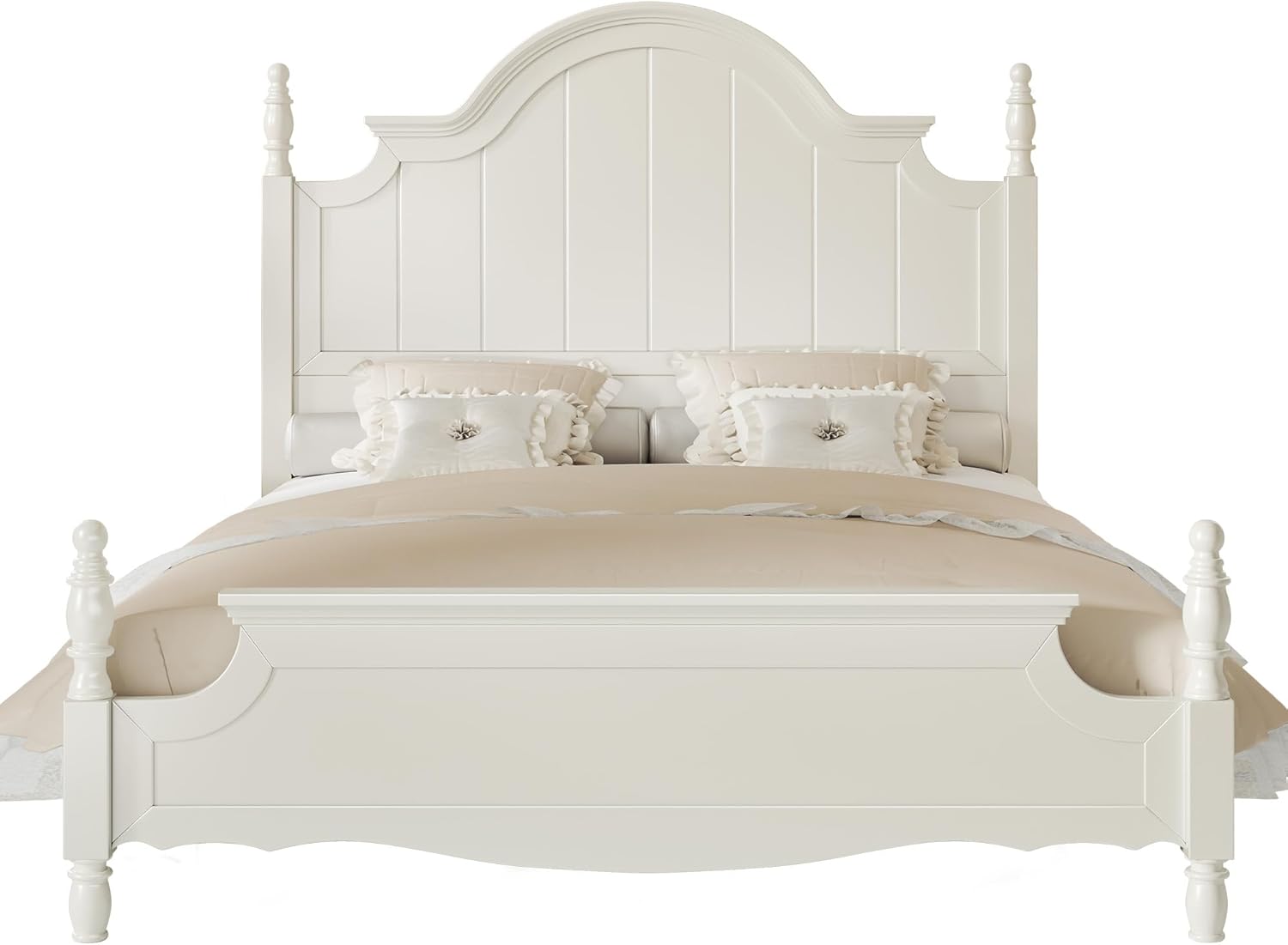 AMERLIFE Solid Wood Queen Bed Frame with 56" Arched Headboard, Traditional Poster Bed with Wooden Slats Support, No Box Spring Needed, Easy Assembly, White