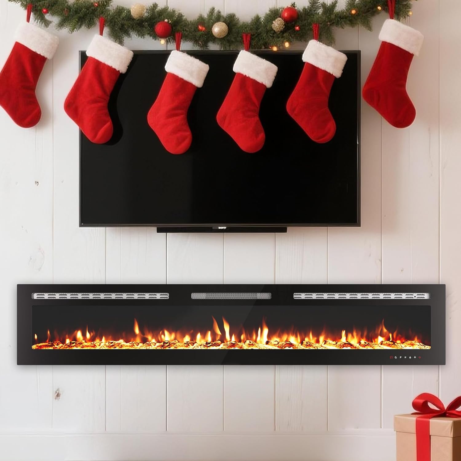 72-Inch Recessed Electric Fireplace, Wall Mounted, Remote Control, 12 Flame Colors, 750/1500W Heater, Multicolor, Log & Crystal, Black