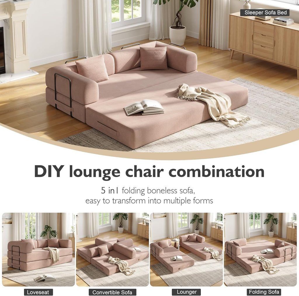 79in Convertible Sofa Bed, Corduroy Boneless Couch Bed, Futon Sleeper Sofa Pull Out Bed, Foldable Couch for Living Room Apartment, No Assembly Required
