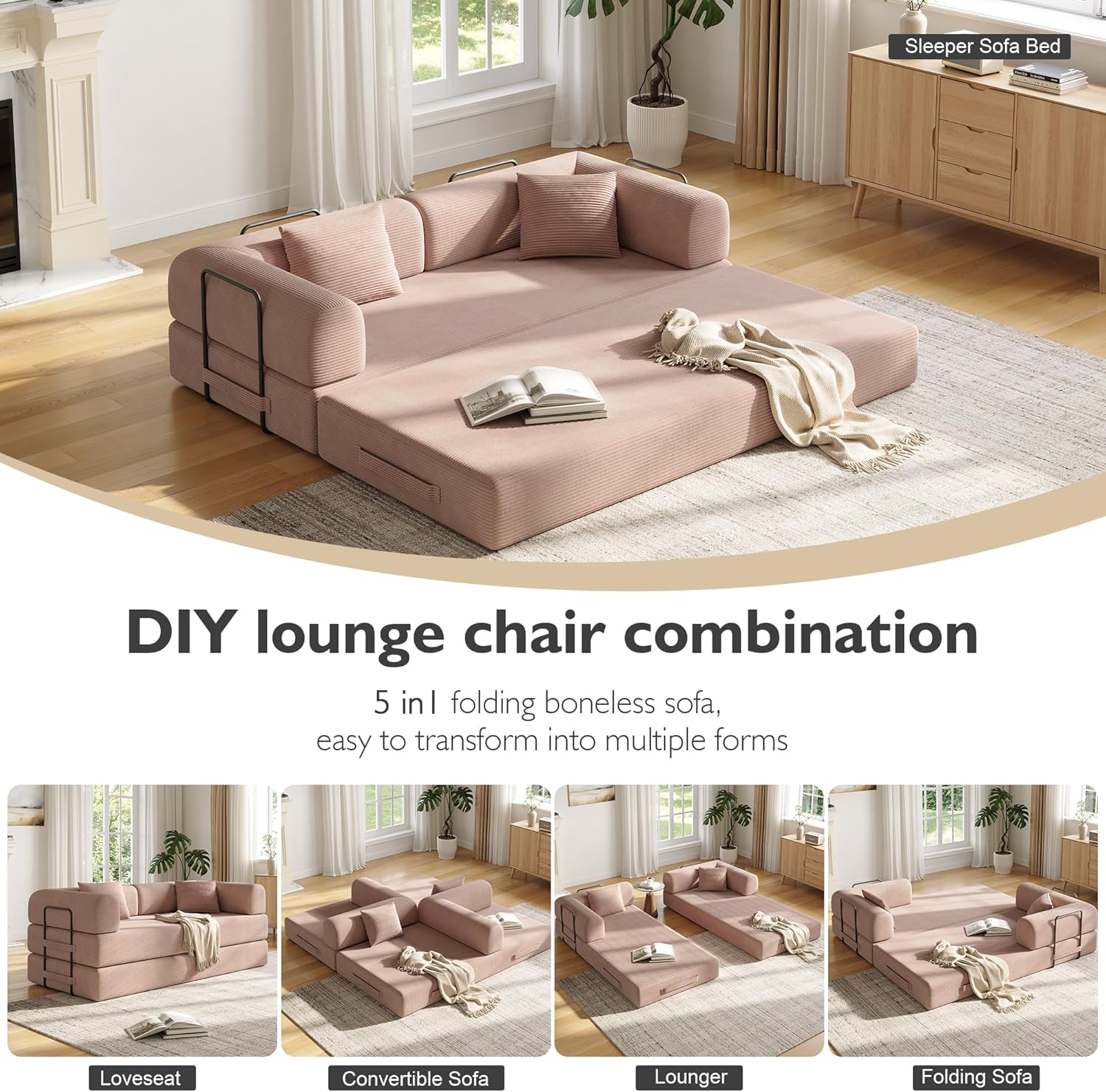 79in Convertible Sofa Bed, Corduroy Boneless Couch Bed, Futon Sleeper Sofa Pull Out Bed, Foldable Couch for Living Room Apartment, No Assembly Required