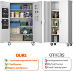 Aobabo Extra Large Garage Storage Cabinet on Wheels, Metal Storage Cabinets with 4 Adjustable Shelves, 3 Pegboards and 2 Tool Pouches for Home Office Stash, Assembly Required