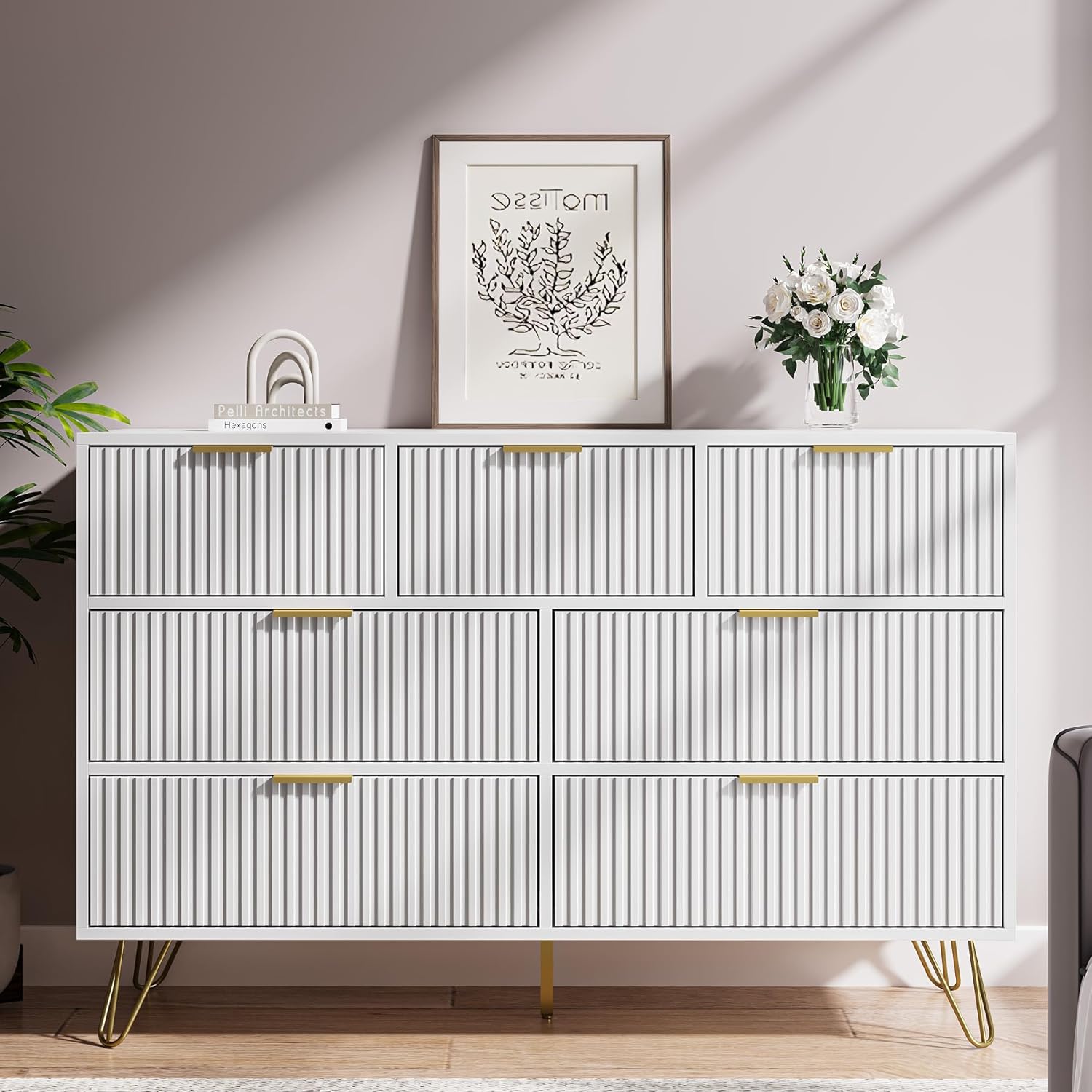 White Dresser for Bedroom, 7 Drawer Dresser with Gold Pulls, Wide Chest of Drawers for Bedroom, Entryway, 47.2" L x 15.7" D x 31.4" H