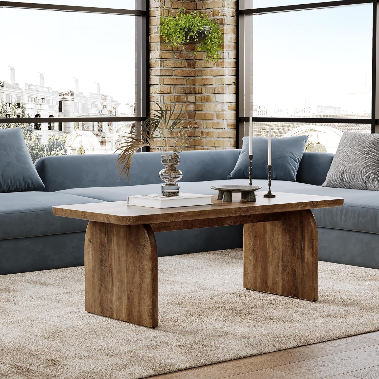 LITTLE TREE Farmhouse Coffee Table, 47 Inches Wooden Center Tables with Rounded Corners, Rectangular Living Room Tables, Modern Low Cocktail Tea Furniture for Living Room (Rustic Brown)