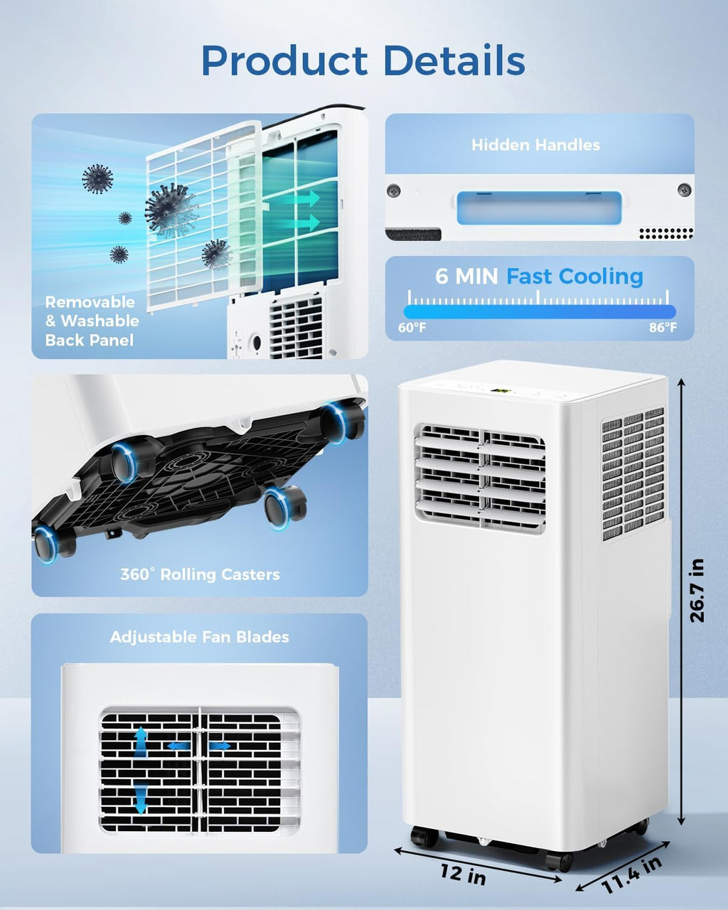 8,000 BTU Portable Air Conditioner - 3-in-1 Portable AC Unit for Rooms Up to 350 Sq. Ft., with Remote Control, Cooling, Dehumidifier & Fan Modes, AC Unit for Bedroom, Office, Apartment
