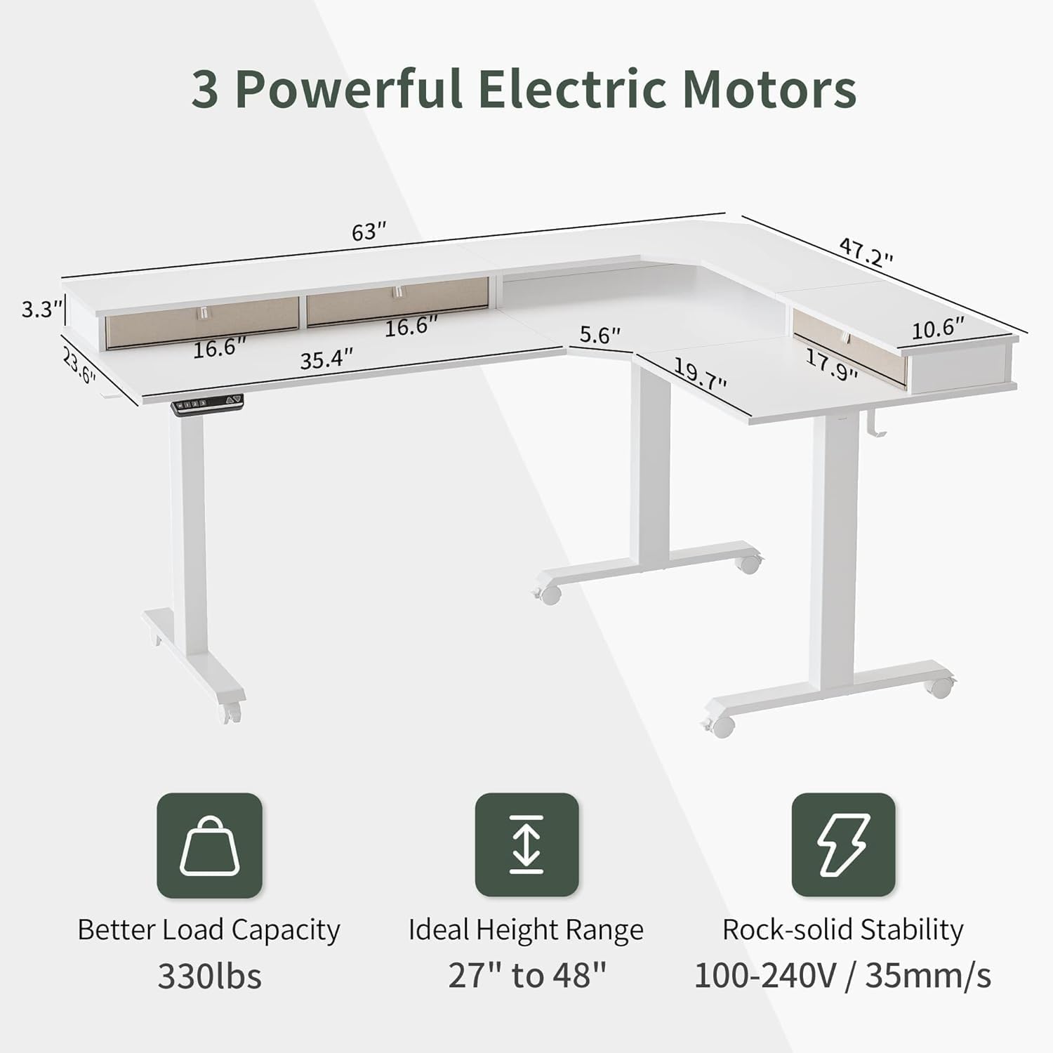 FEZIBO 63" Triple Motor L Shaped Standing Desk with 3 Drawers, 330LBS Electric Standing Gaming Office Desk L Shape, Pure White