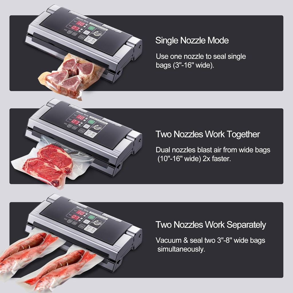 MAGIC SEAL 16-Inch Nozzle Vacuum Sealer for Food Storage - Works with Mylar & Smooth/Non-Textured Bags, No Textured Bags Needed, 250W, 8mm Extra-Wide Seal - MS180