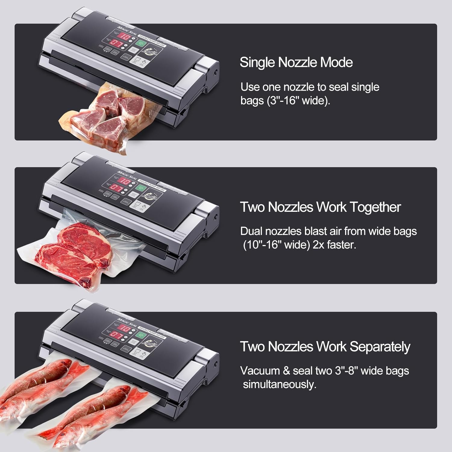 MAGIC SEAL 16-Inch Nozzle Vacuum Sealer for Food Storage - Works with Mylar & Smooth/Non-Textured Bags, No Textured Bags Needed, 250W, 8mm Extra-Wide Seal - MS180