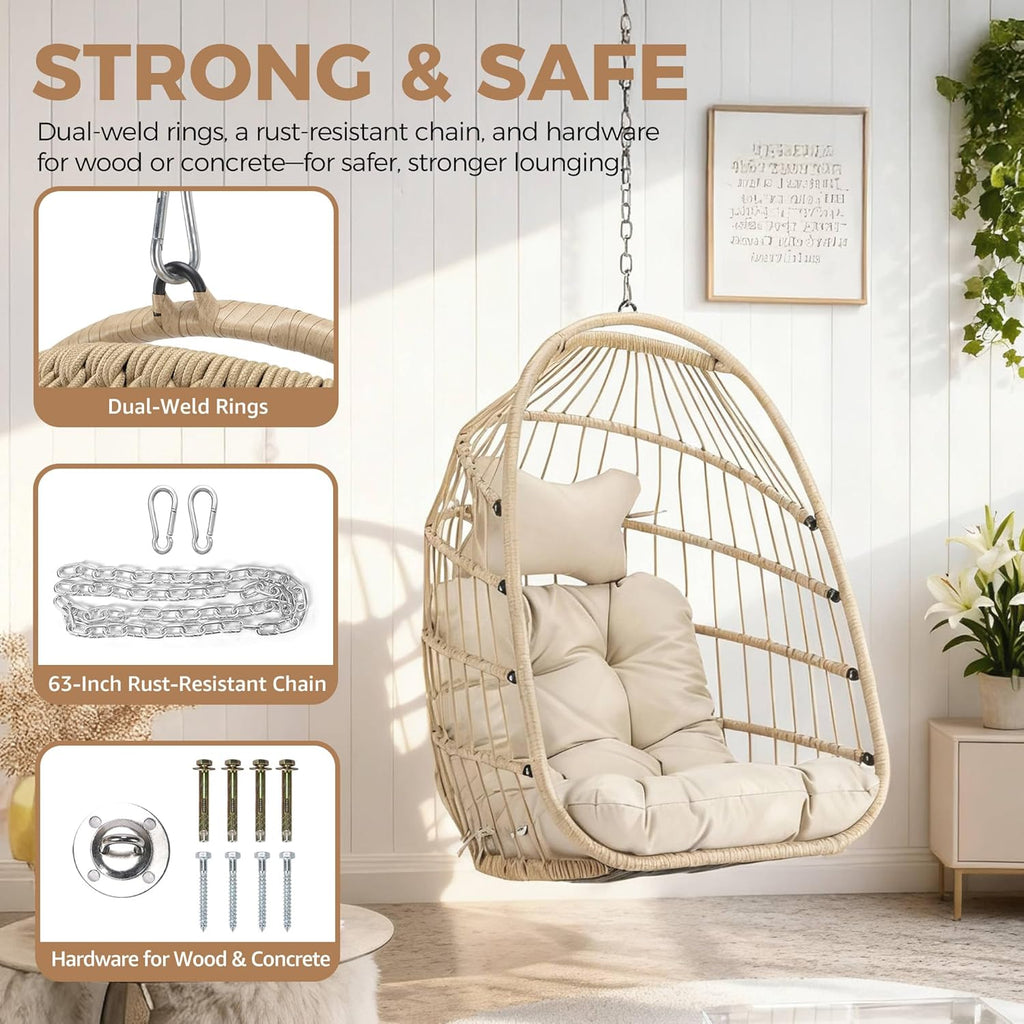 BULEXYARD Wicker Egg Chair Without Stand, 350 Lbs Foldable Rattan Swing with Cozy Padded Cushion, All-Season Hanging Hammock Basket for Outdoor Patio Balcony Bedroom Garden Tree Ceiling, Beige