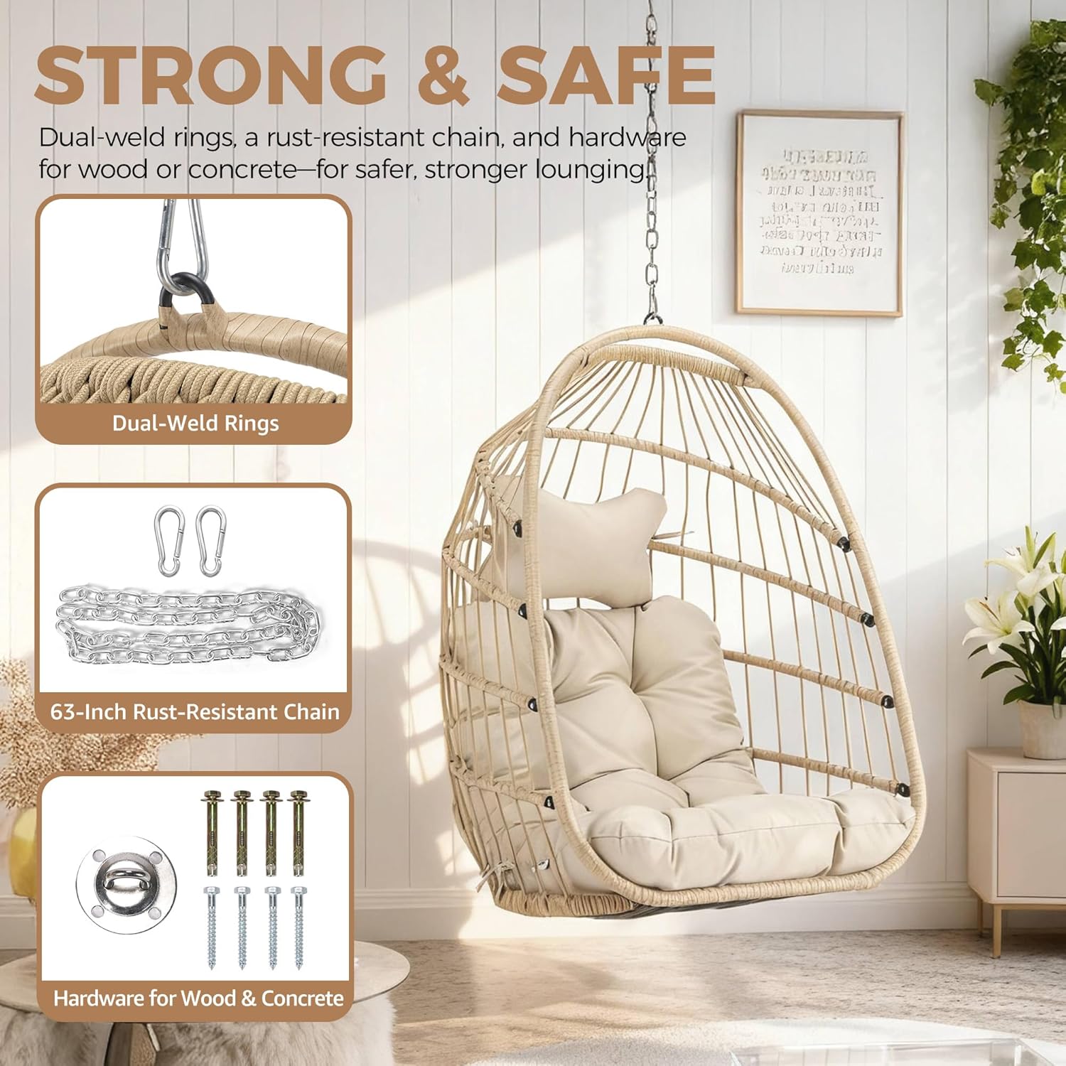 BULEXYARD Wicker Egg Chair Without Stand, 350 Lbs Foldable Rattan Swing with Cozy Padded Cushion, All-Season Hanging Hammock Basket for Outdoor Patio Balcony Bedroom Garden Tree Ceiling, Beige