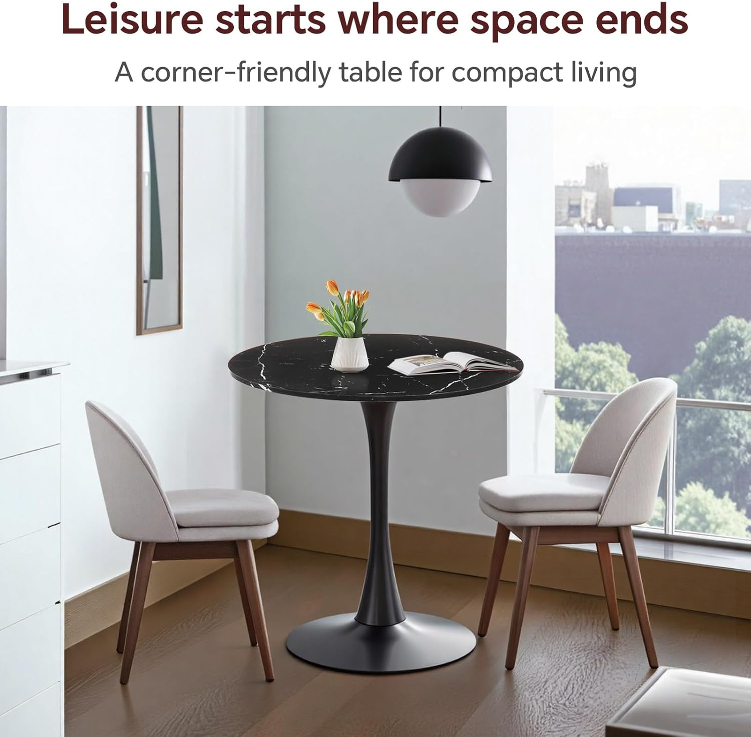 Round Dining Table 27.5" Faux Marble Black Tulip Table with Pedestal Base for 2-4 People Small Space - Kitchen Living Room Cafe