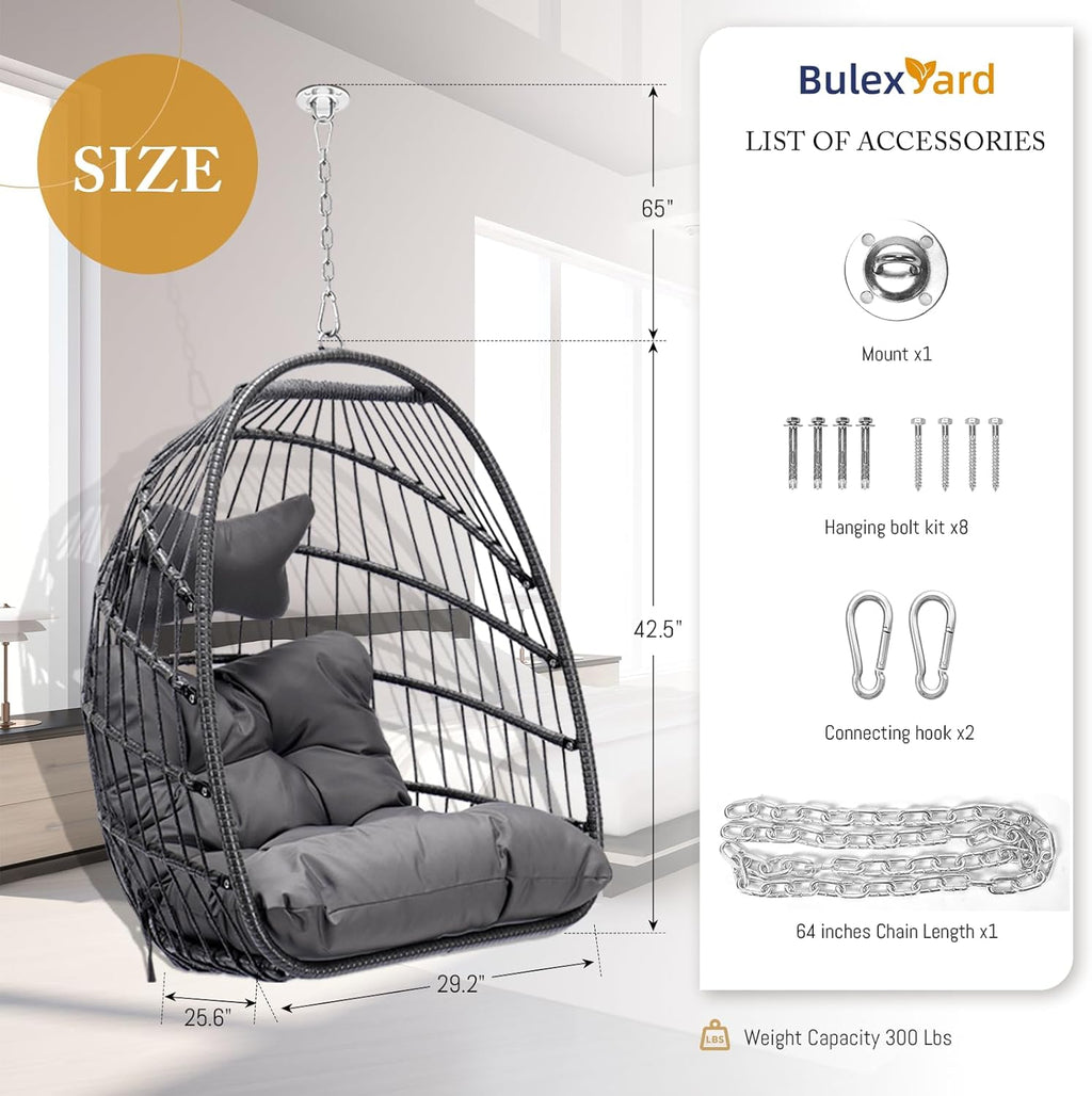 BULEXYARD Outdoor Egg Chair Without Stand, 350 Lbs Foldable Weather-Resistant Rattan Hanging Hammock with Cushion, Cozy Swing Basket Seat for Bedroom Balcony Patio Pergola Tree Mount, Dark Grey