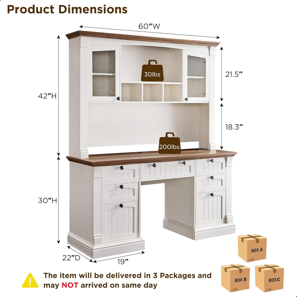 OKD 60" Executive Desk with Hutch and Drawers, Farmhouse Home Office Desk with Charging Station, Keyboard Tray, File Cabinet Storage, Wood Computer Desk for Work and Study, Antique White