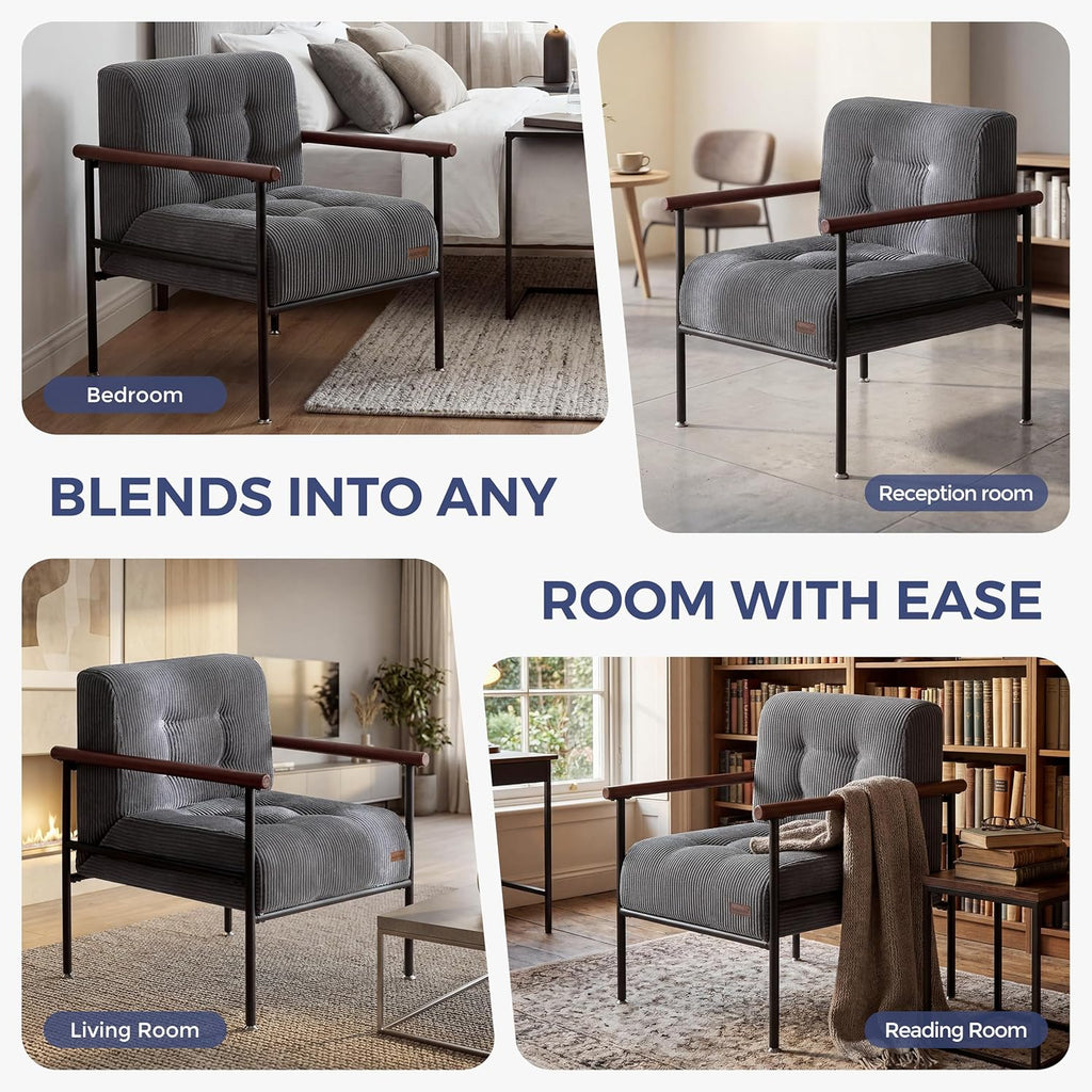 MAXYOYO Living Room Accent Chair, Modern Chair with Sturdy Metal Frame & Wood Armrests, Upholstered Reading Chair with Upholstered Cushion for Bedroom Balcony Porch, Dark Grey