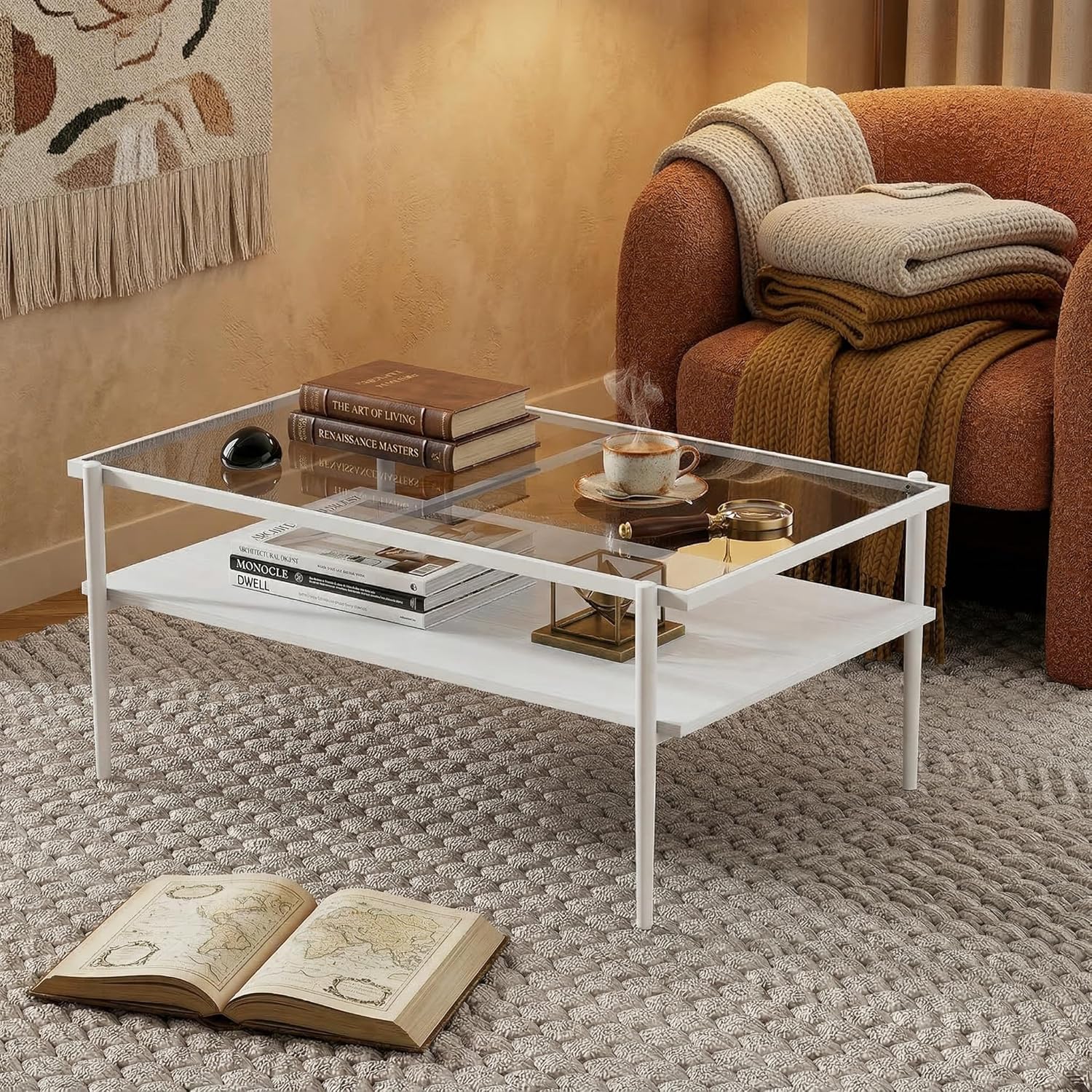 Casaphoria Rectangle Coffee Table with Gray Tempered Glass Top, Modern 2-Tier Center Cocktail Table with White Metal Legs and Wood MDF Storage Shelf for Living Room Apartment, 38 Inch, 220 LBS